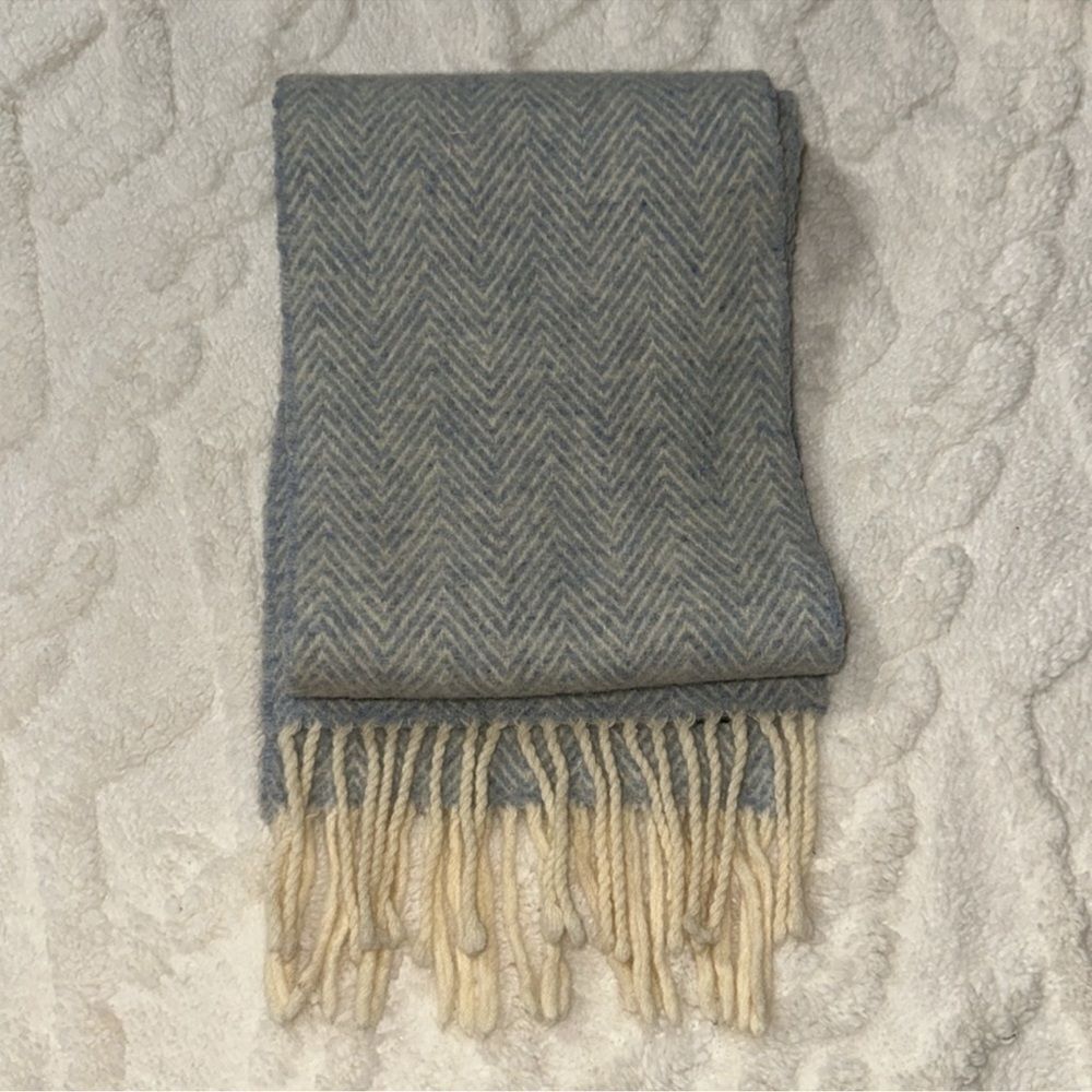 LRL Blue Beige Classic Zigzag Knit Lambs Wool Scarf